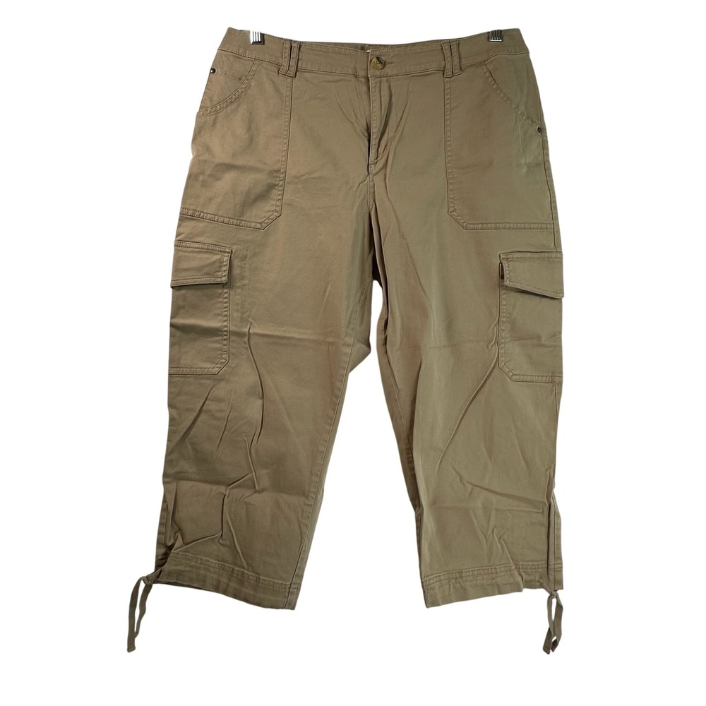 Coldwater Creek Tan Khaki Cargo Capri Pants Natural Fit Size 16 Drawstring Hem